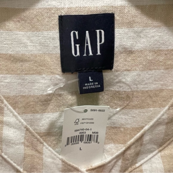 New Gap Puff Sleeve Linen-Cotton Shirtdress in Khaki Tan/White Stripe Size Large - Picture 5 of 6